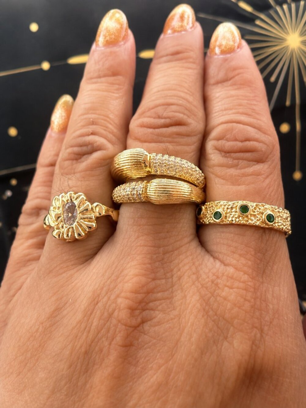Gold Tone Jewelry Bundle – 3 Adjustable Rings + Hypoallergenic Hoop Earrings